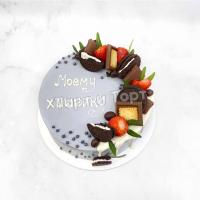 Торт №1370 - Серый с шоколадками, ягодами и надписью